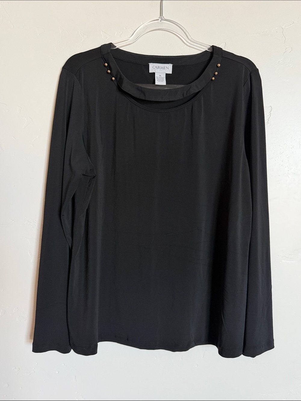 Carmen Marc Valvo Black Long-Sleeve Studded Neck Tee